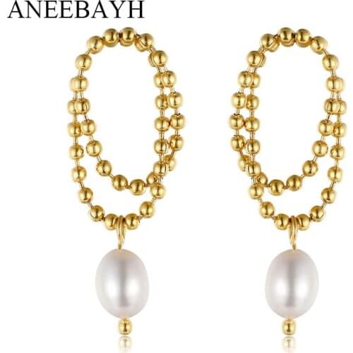Fashion Round Bead Freshwater Pearl Dangle Earrings 2021 Stainless Steel Simple Geometric Metal Earring Jewelry Accessories Gift