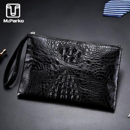 McParko Mens Clutch Wallet Genuine Leather Crocodile Envelope Clutch Bag Men Luxury Brand Designer Hand Bag Organizer Black