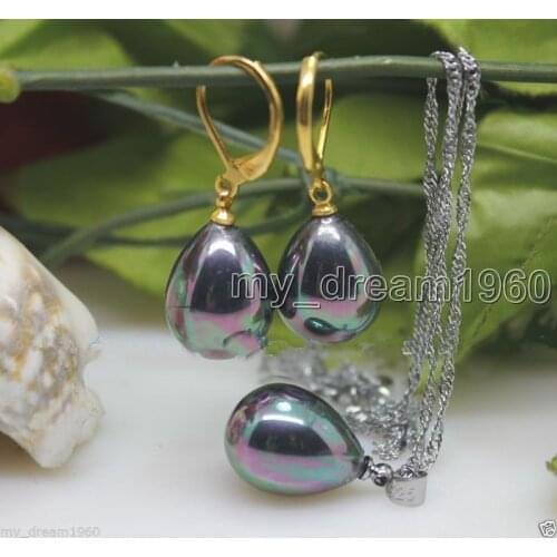 Natural Jewelry Womans Gift Set 12X16mm Rainbow Black South Sea Shell Pearl Necklace Pendant Earrings Set Hook