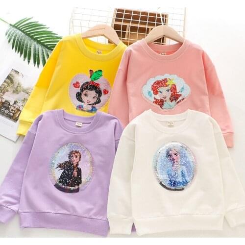 2021 Childrens Autumn New Girls' Sweater Cartoon Pattern Conversion Color Changing Sequin Princess Pullover Bottom Shirt