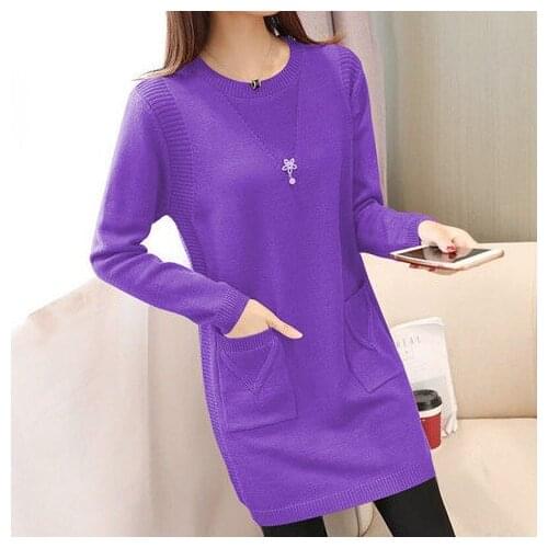 Autumn Winter Women Sweaters Casual Solid O-neck Long Sleeve Knit Sweaters Fashion Loose Pockets Mid Length Pullover Female Tops