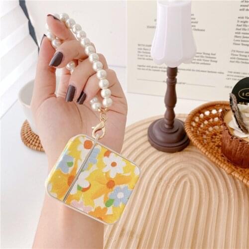 Relief Cute Yellow Flower Funda for Airpods Pro Case Soft Leather Earphone Cover for Air Pods 1 2 Case with Pendant Pearl Chain