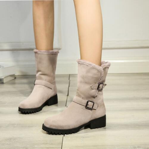 Big Size 11 12 13 Suede round-headed square heel sleeve metal decorative belt buckle mid-barrel artificial Plush Snow Boots