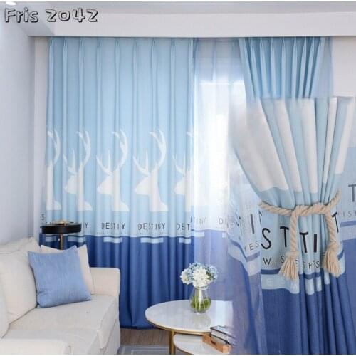 Nordic Childrens Deer Printed Curtains Finished Custom Blackout Curtains for Living Dining Room Bedroom