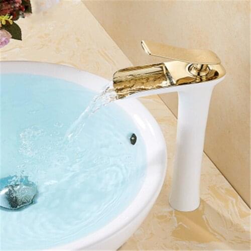 Bathroom Basin Faucet White and gold Brass Sink Waterfall faucet Single Hole Cold Hot Water Tap Basin Faucet Mixer Tap Torneira