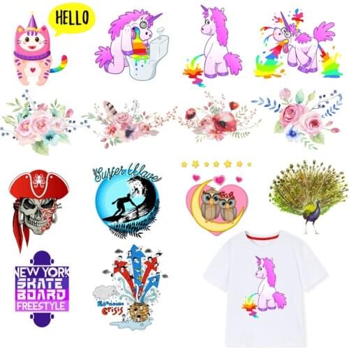 Cute Animal Iron on Transfers Patches Unicorn Flower Pirate Dinosaur Heat Transfers Patch For Clothes Boy T-shirt Diy Stickers F