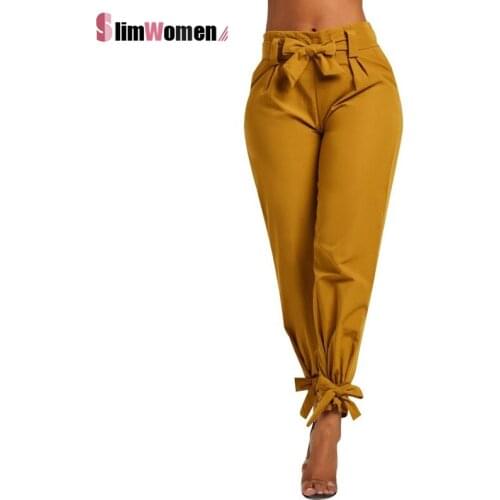 Women Summer Harem Carrot Pants with Belt Bow Tie Plain Ankle-length Baggy Trousers Ladies Casual Middle Waist Workwear Clothing