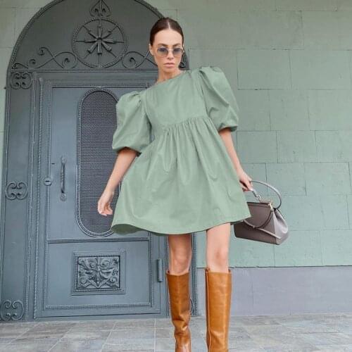 Elegant Office Lady O-neck Puff Half Sleeve Cotton Women Short Dress Solid Color Green Summer Autumn Loose A-line Ladies Dresses