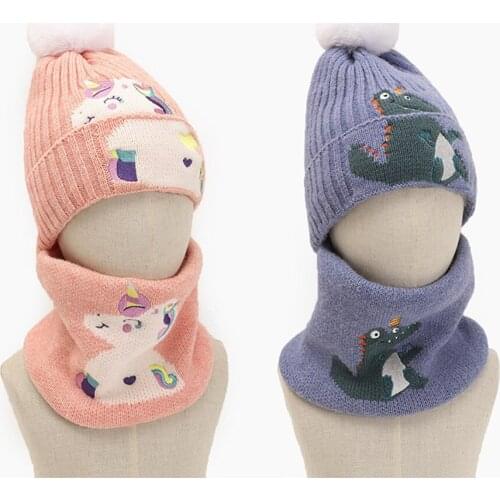 Winter Children Beanies Hat 2021 Cartoon Dinosaur Unicorn Baby Knitted Hats Christmas Keep Warm Kids Boy Girl Wool Cap Scarf Set