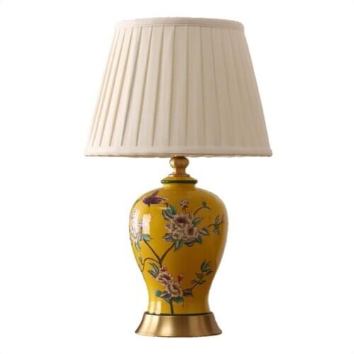 European flower yellow ceramic large Table Lamps Vintage Touch Switch fabric copper base E27 LED lamp for bedside&foyer MF062