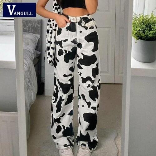 Vangull Cow Print Denim Trousers Women Baggy Vintage Y2K High Waist Jeans Pockets Patchwork Straigh Pants Streetwear Lady Jeans