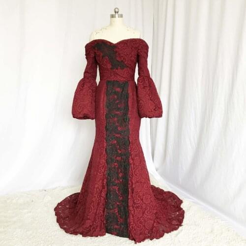 Best Selling Off the Shoulder Sweetheart Pleated Appliqued Lace Long Sleeve Lace Burgundy Mermaid Prom Dresses