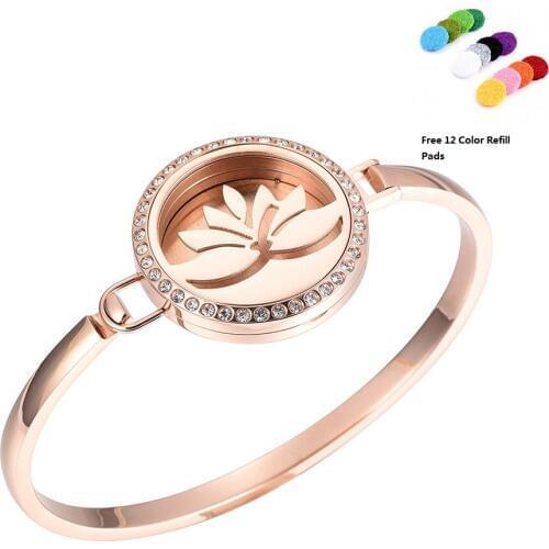 IJP7016 Rose Gold Lotus Flower Essential Oil Diffuser Locket Bracelet 316L Stainless Steel Charm Locket Bracelet