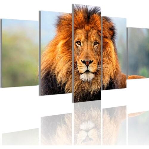 African Powerful Lion Wild Animal 5 Panels Canvas Painting Poster Wall Art Print Picture Living Room Interior Home Decor Frame