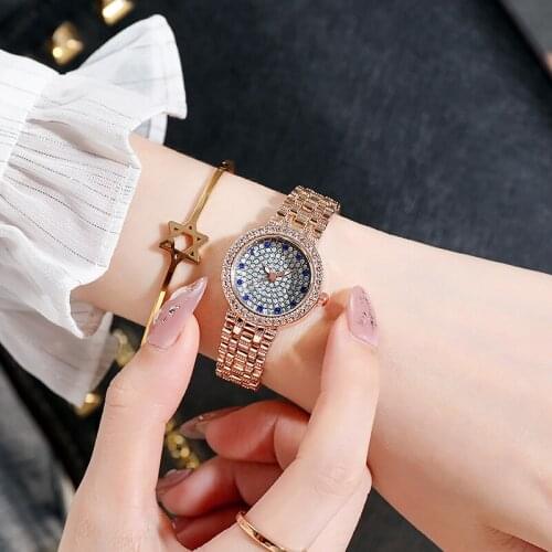 Round gold watch starry star rhinestone ladies watch fashion starry sky quartz watch compact watch