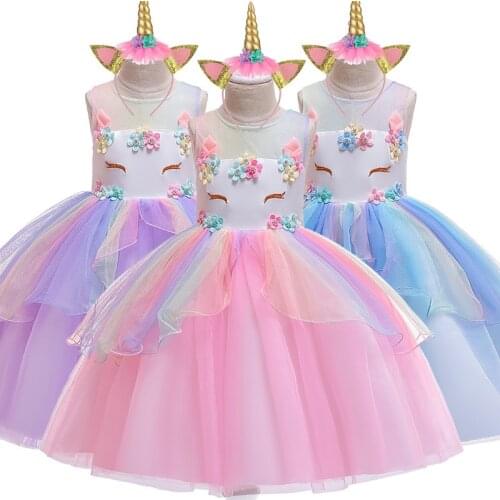 Summer Unicorn Birthday Dress Christmas Halloween Costume Cosplay Princess Clothing for Girls with Headband Angel Wings