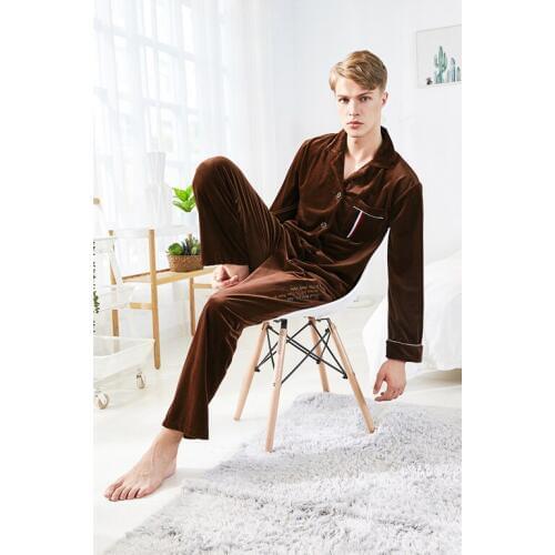 Mens Pajamas Gold Velvet Pajamas Set Nightgown Long Top&Long Pants Elastic Waist Pajamas 3 Colors Home Clothing Sleepwear