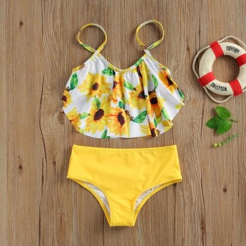 2021 New Kids Girls Two Pieces Swimsuit Bikini Set Sunflower Print Sleeveless Ruffle Swimwear Suit Summer Bathing Suit Beachwear
