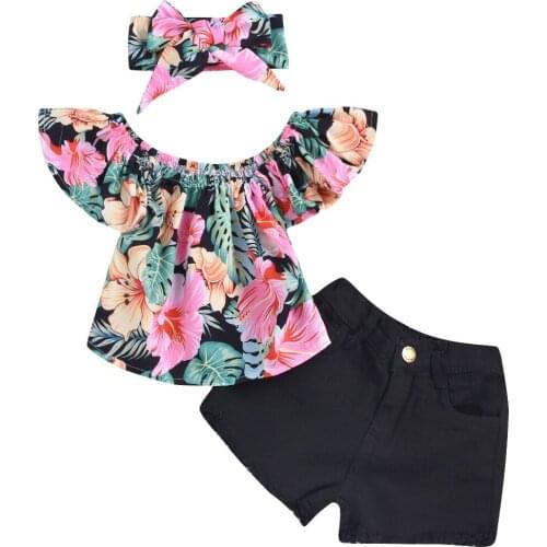 2021 news sumemr little girls clothing set bow floal headband+ruffled flared sleeve shirt + black tassels shorts pant 3pcs sets