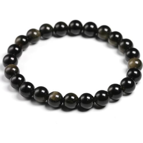 Genuine Black Gold Obsidian Women Men Stretch Powerful Bracelets 6 8 10 12mm Gemstone Round Beads Natural Stone Bracelet Gift