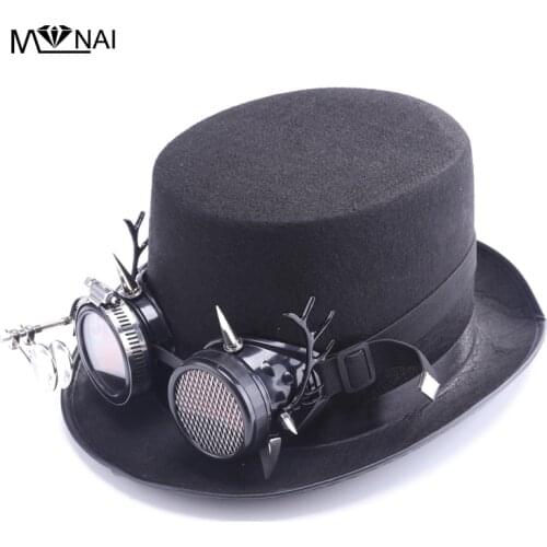 Steam Punk Hat With Detachable Goggles Street Popular Top Hat Handmade Black Steampunk Men Fedoras Halloween Party