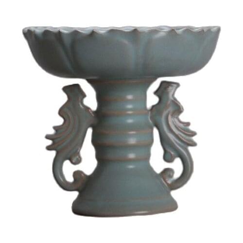 Early collection of antique porcelain Song Ru kiln green glaze double phoenix lotus candlestick home collection porcelain