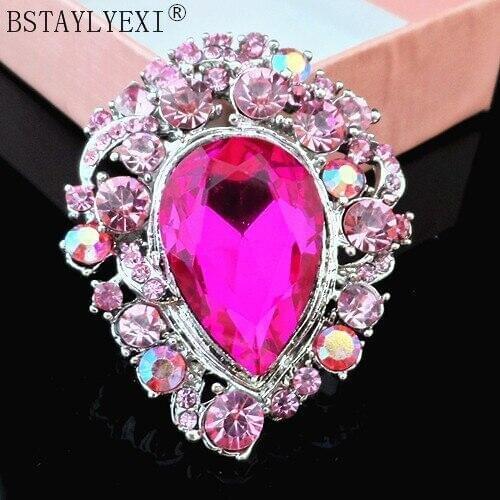 Pink large glass water droplets shape rhinestone Luxury Weddings Jewelry Crystals Brooches Corsage Hats Scarf Clips Pins Women