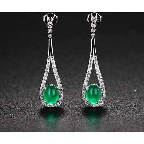 Natural Green Chalcedony Hand Carved Drop Earrings Fashion Jewelry Womens 925 Silver Inlaid Agate Earrings Gift Accessories