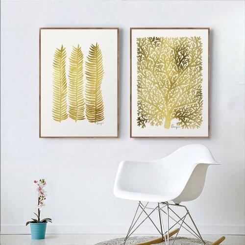 Nordic Style Lucky Gold Leaves and Tree Posters Home Decor Minimalist Canvas Painting Wall Art Picture for Living Room Decor