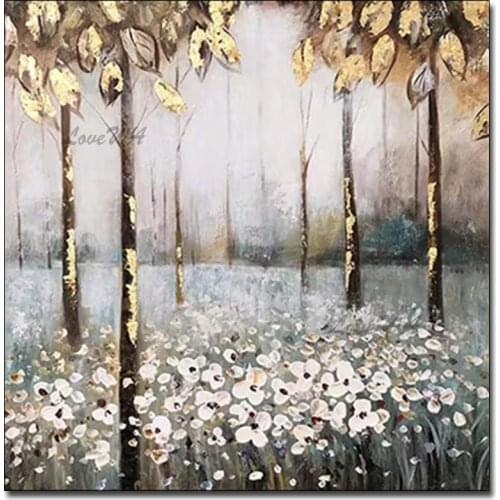 Modern Abstract Acrylic Gold Foil Forest Tree Canvas Fine Art Oil Painting 100% Hand- painted Wall Art Cheap Pictures Artwork