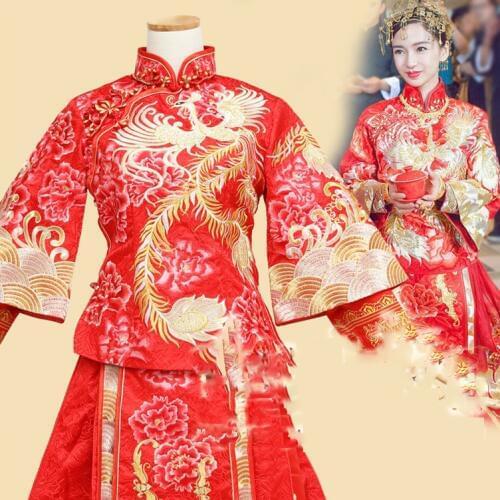 Angelababy Huang XiaoMing Chinese Traditional Wedding Hanfu Costume Couple Sets Republican Period Wedding Bride and Groom Hanfu