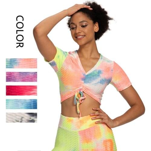 High Elastic Gym Yoga Top Sexy Women Workout Top Print Sport Shirts Running Breathable short sleeve T-Shirts Fitness Sportwear