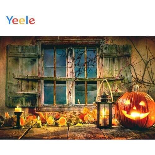 Yeele Photophone Halloween Backdrop Pumpkin Lantern Window Leaves Old Wood House Vinyl Photography Background For Photo Studio