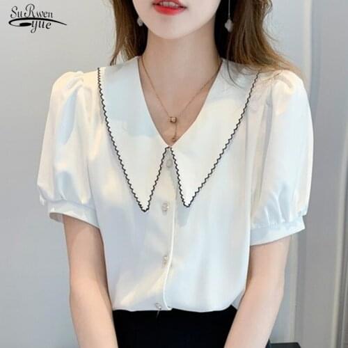 Short Sleeve Chiffon Women Blouses Summer 2021 Korean Peter Pan Collar Elegant Shirt Single-breasted Plus Size Blosue Tops 15218