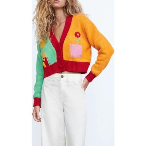 ZA autumn new ladies sweet low-cut V-neck long-sleeved color stitching flower embroidery pattern knitted jacket