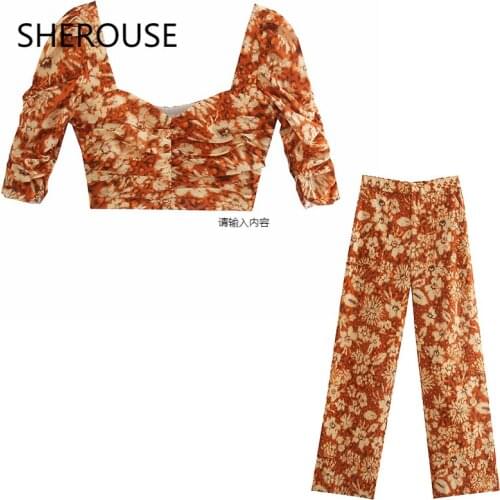 2021 Two piece set Women Fashion Floral Printed Half Sleeves Crop Top Vintage Wide Leg Trousers Woman Outfit Pants Sets Suits