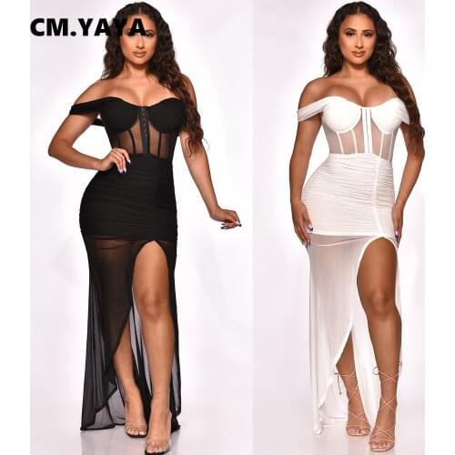 CM.YAYA Summer Women Long Dress Short Sleeve Vintage Bodycon Dresses Mesh See Through Party Night Club Sexy Night Vestidos