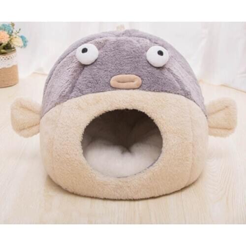 Winter Pet Cat Bed Indoor Kitten Pufferfish Style Pet Nest House Warm Small For Cats Dog Short Plush Cat Cave Cute Sleeping Mats