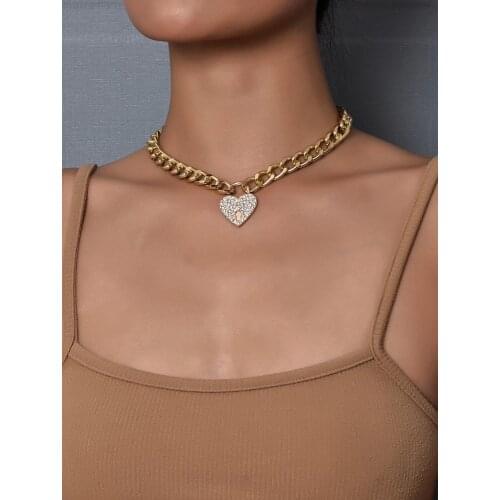 Gold Cuban Link Chain Pendant Rhinestone CZ Heart Necklace for Women Choker Clavicle Chains Charm Luxury Jewelry Collier Femme