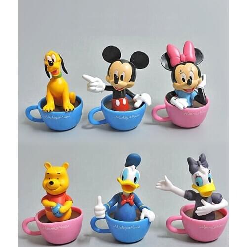 6pcs/Lot 7cm Mickey Minnie and Donald Duck In Coffee Cup Figure Toys Model Doll Figurine Home Office Decoration