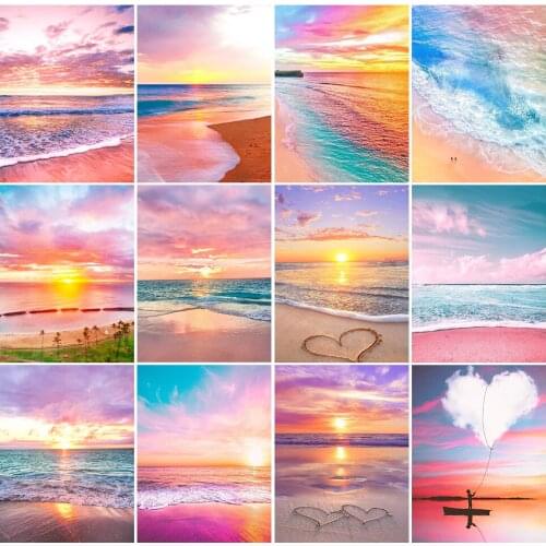 DOHAWIZS Diamond Painting Seaside Pink Sunset Scenery Cross Stitch Kits Diamond Mosaic Landscape Rhinestone Handmade Hobby Gift