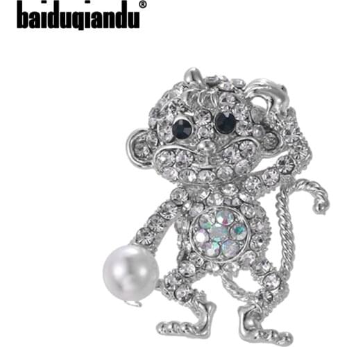 Baiduqiandu Women Rhinestone Monkey Brooches Men Animal Pins Crystal Pearl Hat Clothes Jewelry Factory Directly