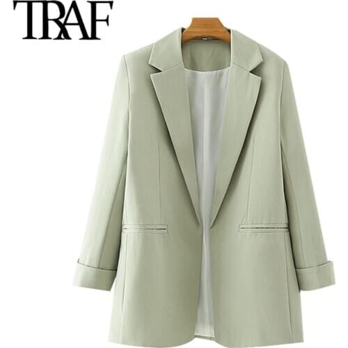 TRAF Women Fashion Office Wear Solid Basic Blazer Coat Vintage Long Sleeve Pockets Female Outerwear Chic Tops