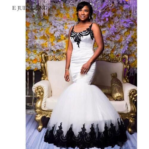 E JUE SHUNG White And black Lace Mermaid Wedding Dresses 2020 Lace Up Back Simple Bride Dresses Wedding Gowns