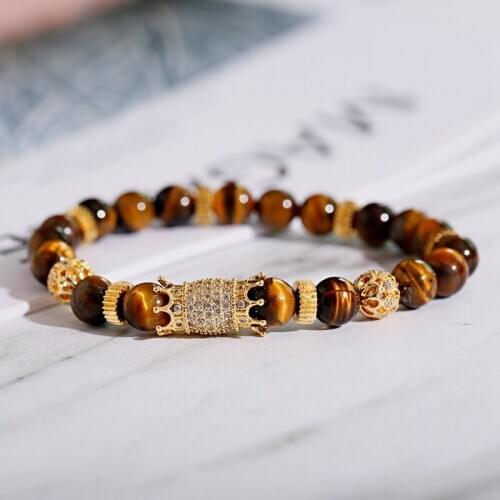 Classic Men Bracelet Charm Jewelry Tiger Eye Beaded Fashion Luxury Crown Gold Plated Handmade Bracelets Male Homme
