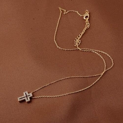 Classic Gold Color Cross CZ Charm Necklaces for Women Men Simple Zircon Hollow Cross Charm Pendant Choker Steel Chain Jewelry