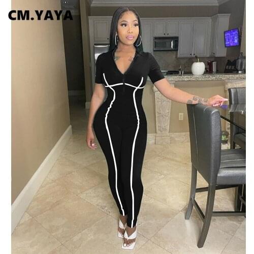 CM.YAYA Summer Women Patchwork Zipper Up Jumpsuit for Jogger Yoga Short Sleeve Romper Active Vintage One Piece Overalls