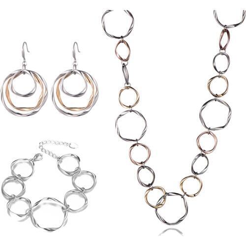 Multi Round Circles Chain & Link Bracelets Earrings Necklace For Women Gifts irregularity Metal Fashion Female Jewelry Sets