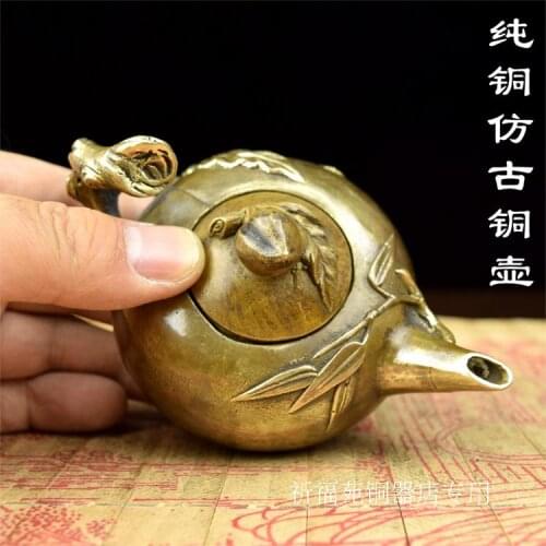 Copper brass pot cover small teapot peach bamboo gift brass copper kettle home furnishings playing piecesroom Art Statue