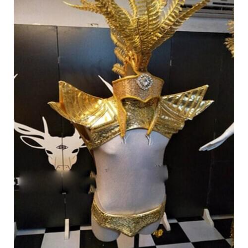 Model Catwalk men stage show clothing hat headwear Sexy Indian golden muscle man costume nightclub party gogo